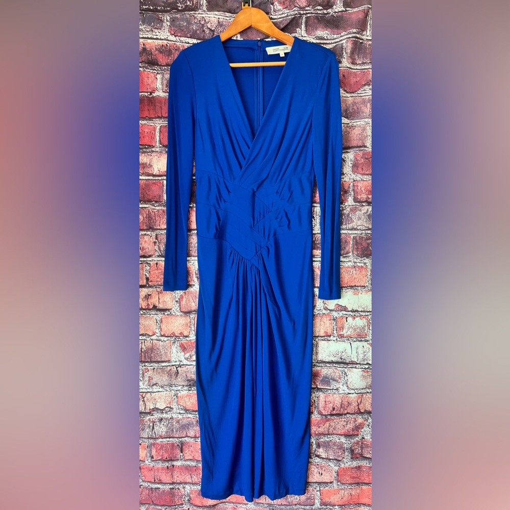 Diane von Furstenberg Esselyn Wrap Effect Gathered Draped Midi Dress Blue Size M